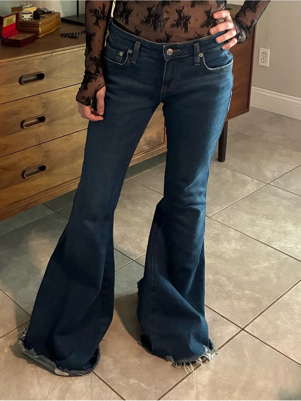 Free People Dark Blue Flare Jeans with Raw Hem